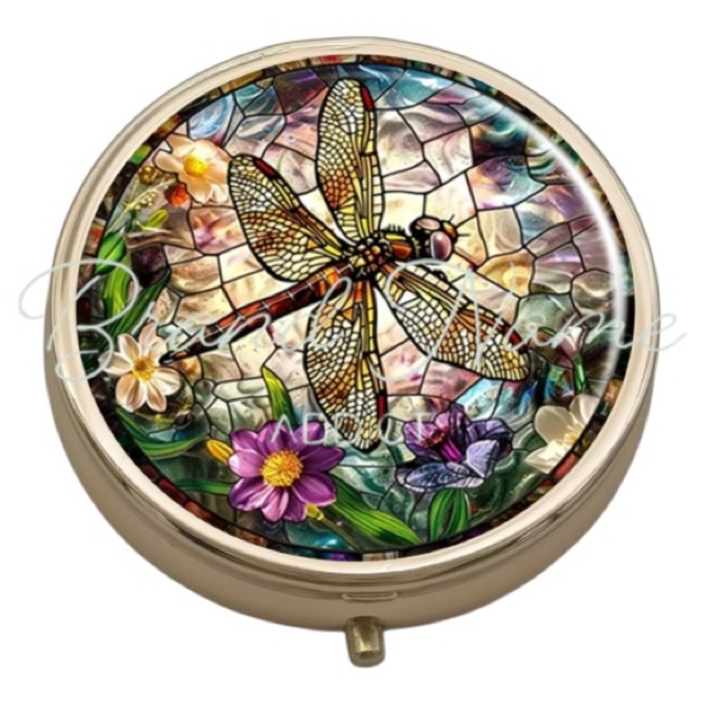 Dragonfly Floral Stained Glass Gold Toned Multi-Use Mirrored Pill Box Container